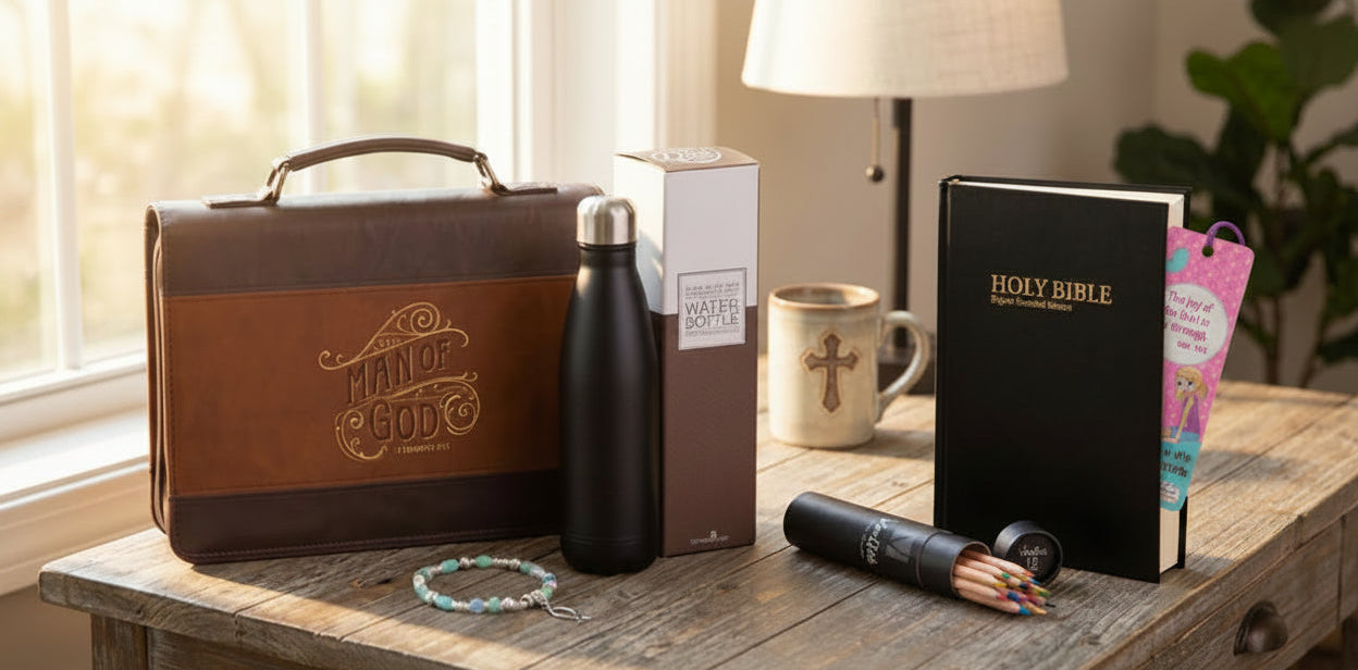 Bible, water bottle, and other items on a wooden table with a window in the background